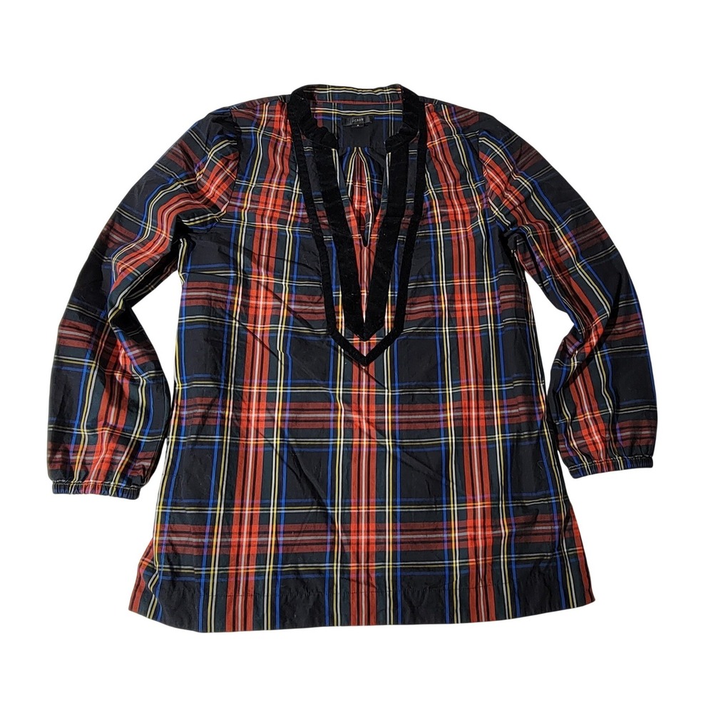 J.Crew Womens Plaid Tunic Blouse Red Navy Tartan‎ Velvet Trim V-Neck Small